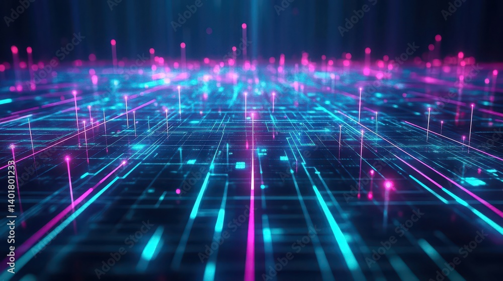 Poster futuristic background featuring glowing lines and dots creating a dynamic abstract scene visualizing
