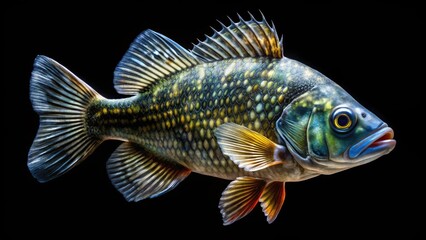 Fototapeta premium Close Up Fish Photography, Black Background, Seafood Image, High Resolution Fish Photo, Detailed Fish Picture, Aquatic Animal, Underwater, Fish Detail