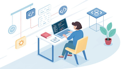 Naklejka premium Software-Developer_Coding_Isometric-Office_WorkFromHome_Programming