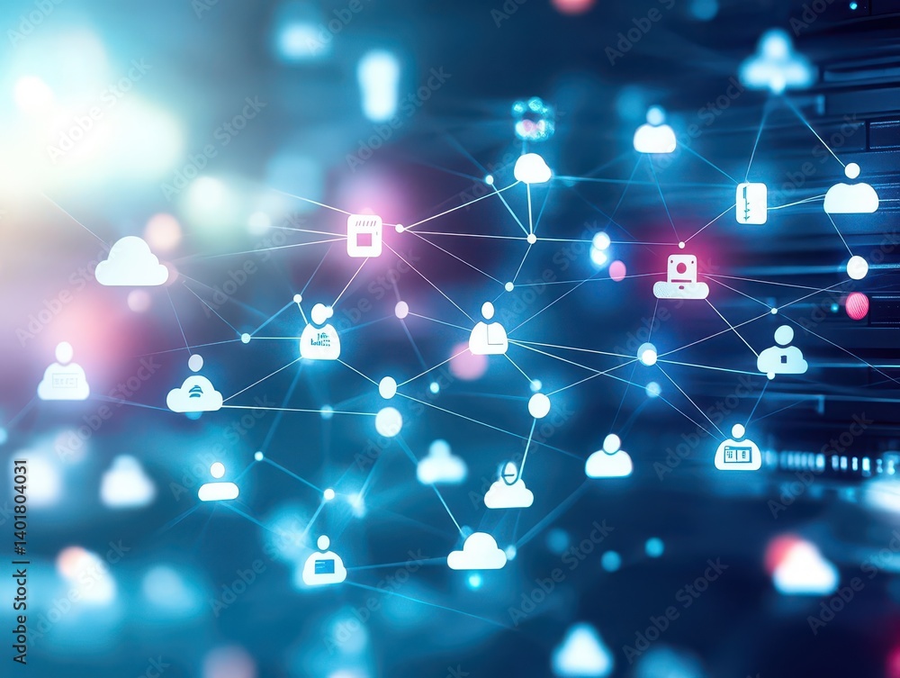 Poster vibrant network of social media icons interconnected with lines on a digital background representing