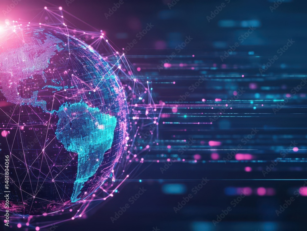 Poster vibrant globe surrounded by intricate network of lines and dots representing global connectivity and