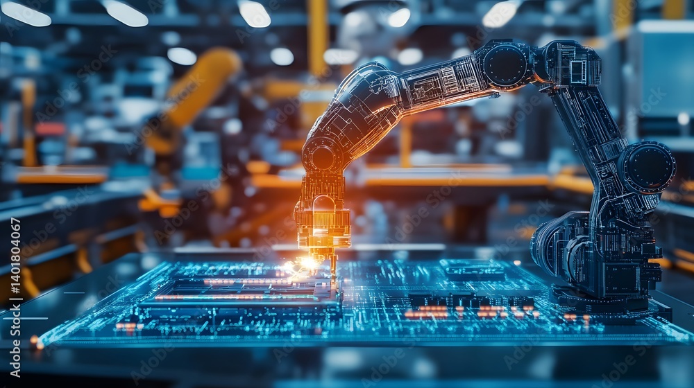 Poster a robot is working on a piece of electronic equipment. the robot is made of metal and has a blue and