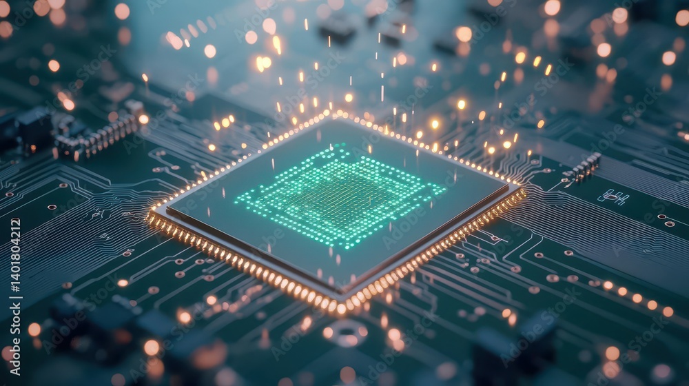 Poster intricate green circuit board design with complex patterns and connections highlighting modern techn