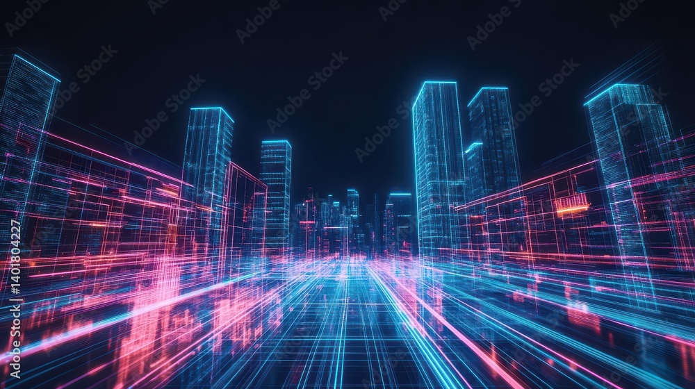 Poster vibrant cityscape at night with colorful neon lights illuminating urban architecture creating a dyna