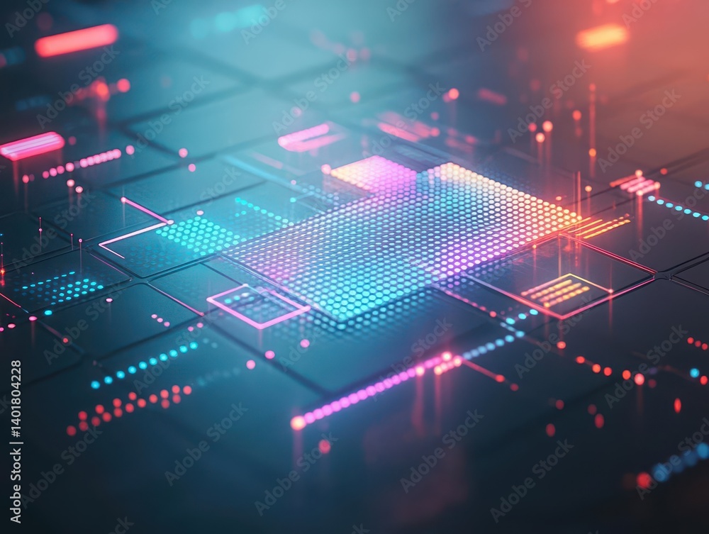 Poster vibrant circuit board illuminated with colorful led lights creating a dynamic and technologically ad