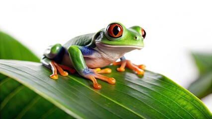Fototapeta premium AI Generated Frog on Leaf - Nature Photography, Amphibian, Green, Wildlife, Macro