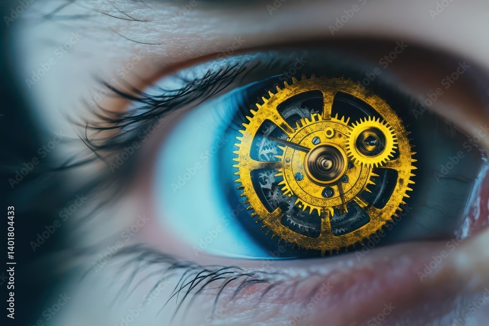 Poster intriguing close up of a human eye embodying time with a clock reflection inside signifying the pass