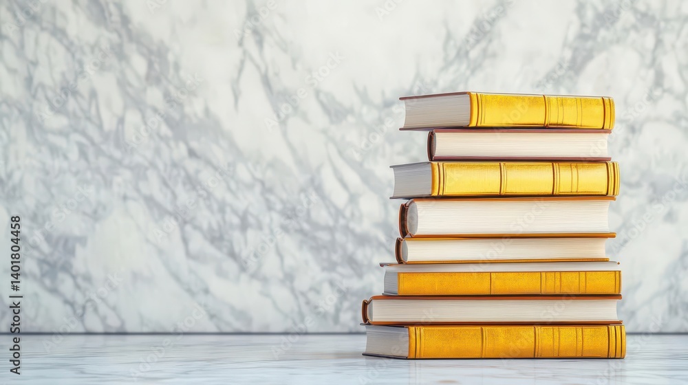 Poster aesthetic arrangement of colorful books stacked neatly on a polished marble table surrounded by soft