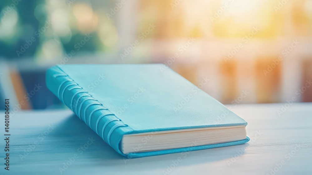 Poster blue notebook resting elegantly on a wooden table surrounded by soft natural light creating a calm a