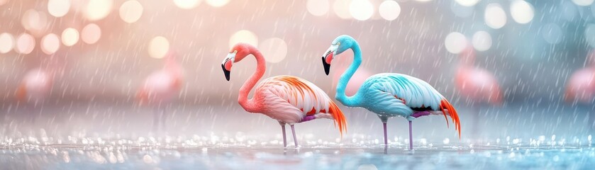 Two Elegant Flamingos Standing Gracefully in a Gentle Rain Creating a Serene Atmosphere with Soft Reflections on Water in a Vibrant Natural Setting