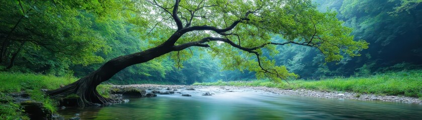 Fototapeta premium A Majestic Tree Gracefully Arches Over a Tranquil River Creating a Peaceful Natural Oasis Surrounded by Lush Greenery and Sparkling Water Reflections