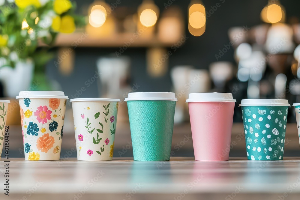 Poster vibrant display of colorful ceramic cups arranged neatly on a wooden table creating a cheerful and i