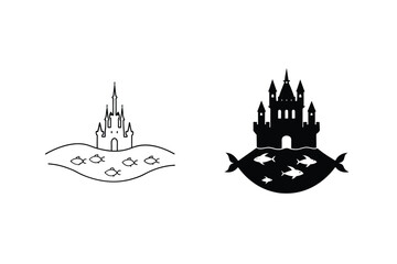 Two Castle Illustration Line Art And Silhouette Above Fish Vector