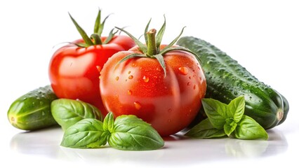 Drone Photography Close Up: Vibrant Tomato, Cucumber, Basil - Fresh Produce Still Life
