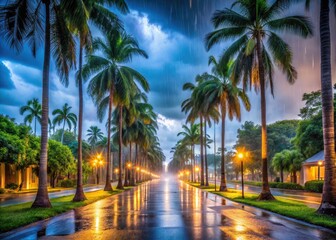 Obraz premium Panoramic Rainstorm Palm Tree Street Photography - Evening Dusk Scene