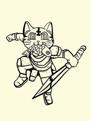 cat fighter with japanese doodle style