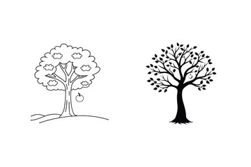 Apple Tree Outlines With Fruits Black Silhouette On White Background