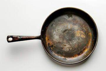 A worn frying pan showing signs of use and age, ideal for cooking. isolated on white background