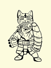 cat fighter with japanese doodle style