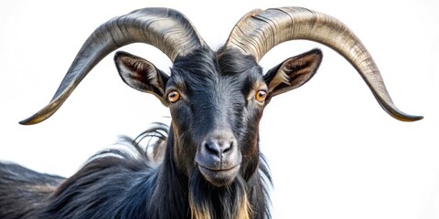 Fototapeta premium Black Goat with Curved Horns, Bokeh Background, Dark Fantasy Art, Mystical Animal Photography