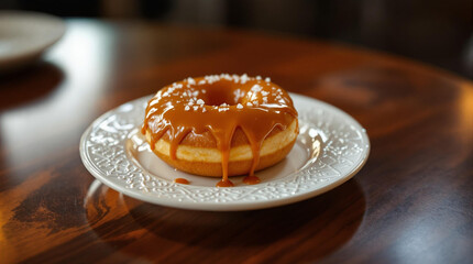 donuts with caramel topping on a white plate and wooden table