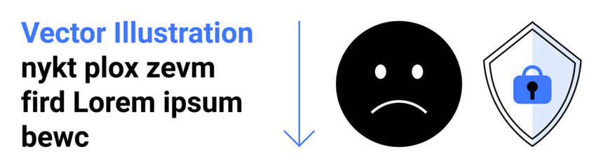 Fototapeta premium Sad face emoticon beside shield with a lock symbol. Represents online safety, protection, privacy, data security. Ideal for cybersecurity, technology, caution, online privacy themes flat landing