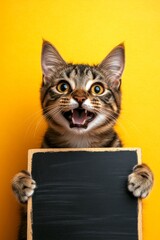 Isolated cat on a solid clothing yellow background. Ð¡ute adult cat savannah hold in front paws a design draft - large dark black avenue sign. Animal looking cute. Creature face on board.