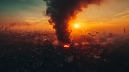 Obraz premium Smoke and Fire Erupting from City Buildings at Sunset in Horizon