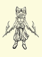 cat fighter with japanese doodle style