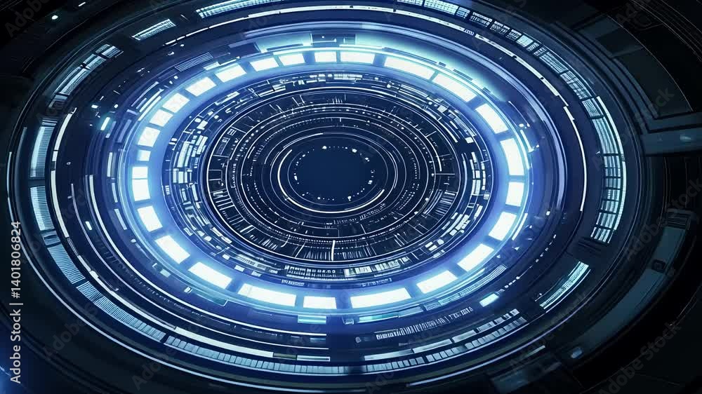 Poster abstract digital interface with glowing blue lights and circular motion design