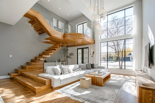 Modern Wooden Staircase and Living Room Design