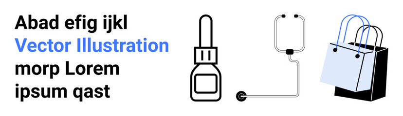 Dropper bottle, IV bag with tube, and shopping bags symbolizing healthcare, retail, and commerce. Ideal for medical, e-commerce, branding, marketing education advertisement flat landing page