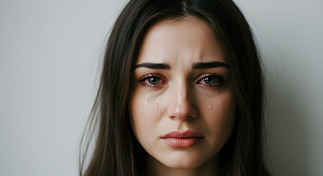 A distraught woman with tears streaming down her face, her eyes filled with sorrow and her expression conveying deep emotional distress.