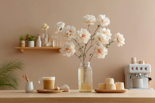 Elegant Cream-Colored Flower Arrangement in a Modern Kitchen