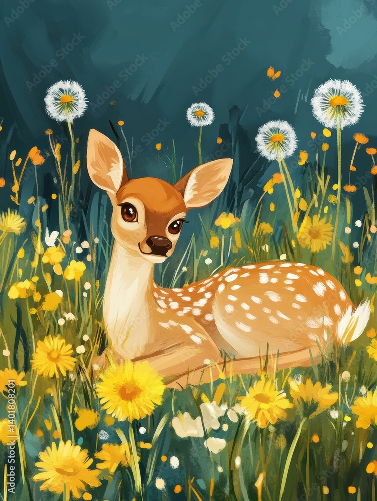 Aufkleber peaceful deer resting among colorful dandelions in a serene field setting of lapki nature