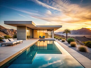 Fototapeta premium Modern Minimalist Desert Villa Infinity Pool Architecture Design - Luxury Home Exterior