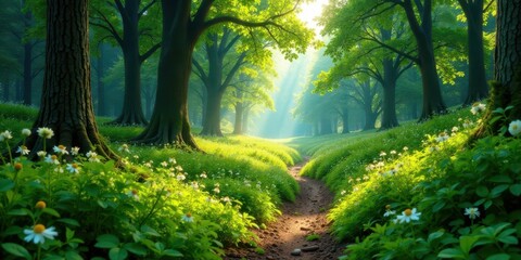 Fototapeta premium Sunlit Path Through a Lush Forest of Verdant Trees and Blooming Wildflowers
