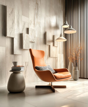 Modern Minimalist Lounge Chair in Beige and Orange