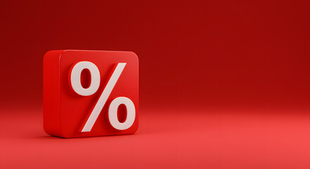 A red cube with a white percentage sign on a matching red background, suggesting sales, discounts, or financial promotions.
