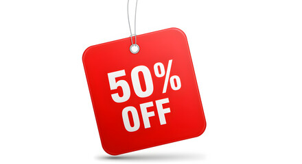A vibrant red tag hangs from a string, boldly displaying "50% OFF" in crisp white letters, symbolizing a significant discount or promotion.