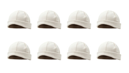 White construction hats arranged in a row.