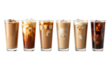 Refreshing iced coffee beverages in glasses.