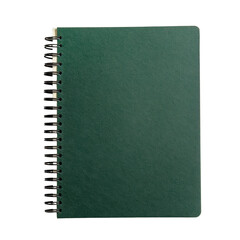 Hyper-detailed 8K image of a green spiral-bound notebook, top view, perfectly centered on transparent background