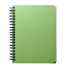 Hyper-detailed 8K image of a green spiral-bound notebook, top view, perfectly centered on transparent background