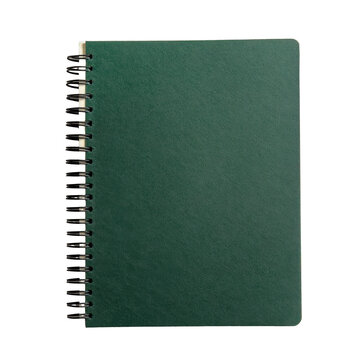 Hyper-detailed 8K image of a green spiral-bound notebook, top view, perfectly centered on transparent background