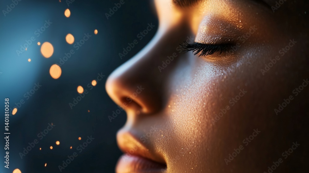 Poster close up of a woman’s serene expression illuminated by glowing particles in a dimly lit setting duri