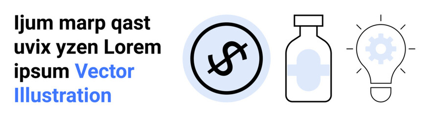 Dollar symbol in a circle beside a medicine bottle and a glowing light bulb. Ideal for healthcare, financial growth, investment, innovation, research, creativity, and simple landing page