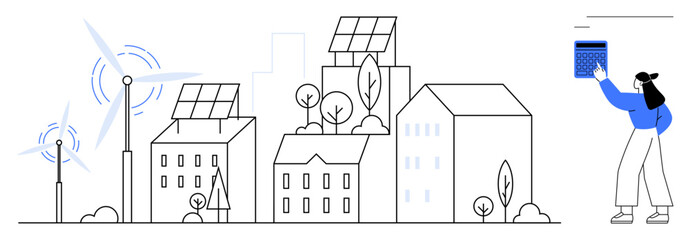 Woman activates solar panel near eco-friendly city buildings with trees, wind turbines, and solar roofs. Ideal for renewable energy, sustainability, urban living, technology, environment, innovation