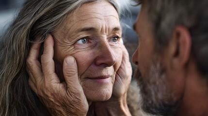 Fototapeta premium Mother’s Day: An older woman looks tenderly at a man with a beard, who is out of focus, while her hands are on her face. They have a close and loving moment.