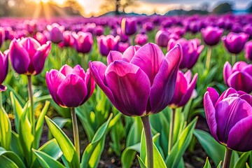 Obraz premium Panoramic Purple Tulip Field, Spring Flowers, Blooming Tulips, Purple Petal Plants, Nature Photography, Floral Background